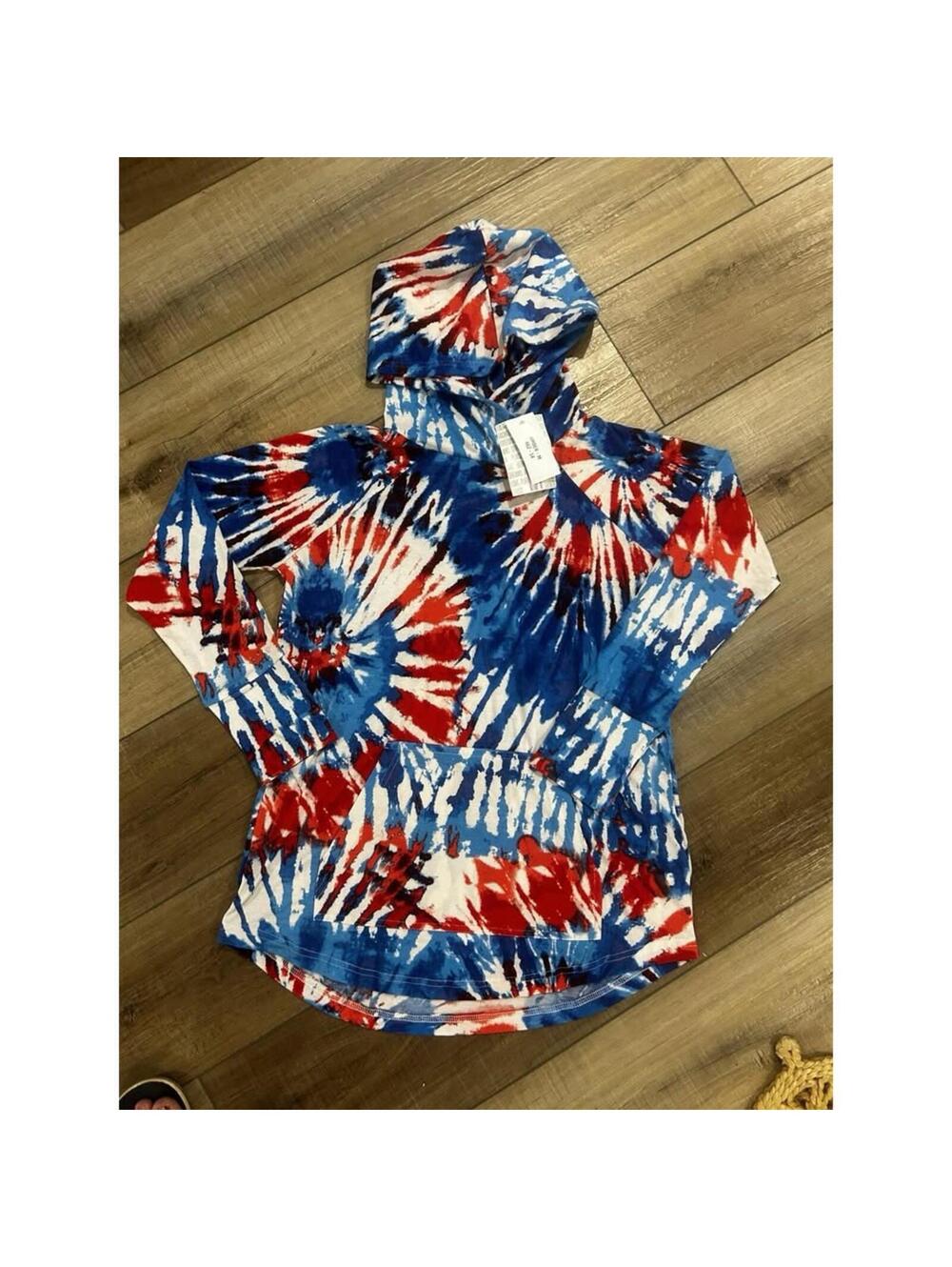 LuLaRoe M Amber Hoodie Tie Dye NEW Patriotic Red White blue Medium